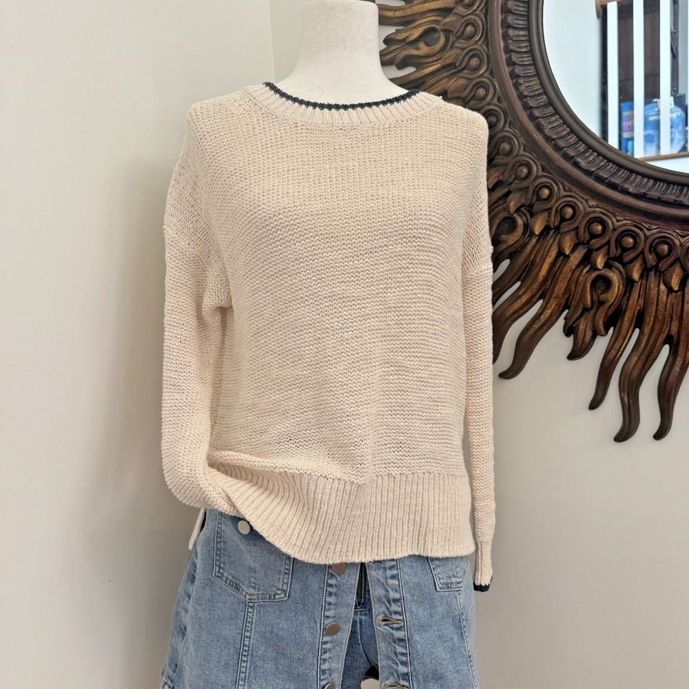 NWT J. Crew Tipped Beach Sweater Women's XS Cream Navy Knit Pullover AR538